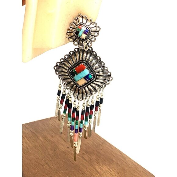 Dangle Earrings Native American Sterling Silver Gemstone Women's Estate Jewelry - Picture 5 of 12